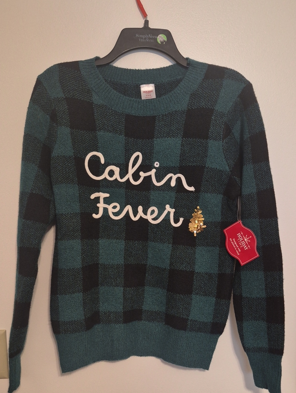 NWT Holiday Time Green & Black Plaid Cabin Fever' Crewneck Sweater SZ S